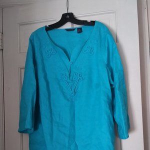 E-co-logie Ocean Blue long sleeve v neck button Linen blouse Size 1x